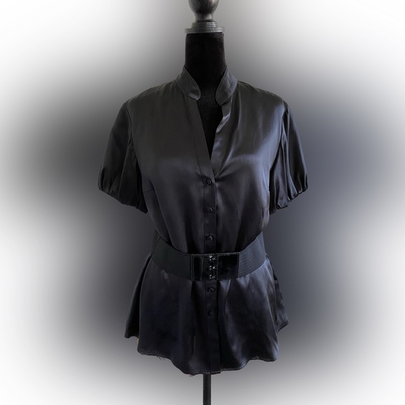 White House Black Market Tops - White House Black Market Black Satin Button-Front Blouse with Belt